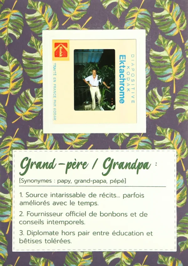 Carte pour célébrer les grand-père avec une vieille diapo d'un papy entouré de feuilles exotique