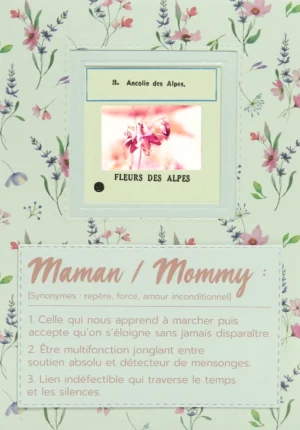 Carte faite main avec une diapo d'une fleur d'ancolie avec une définition du mot maman.