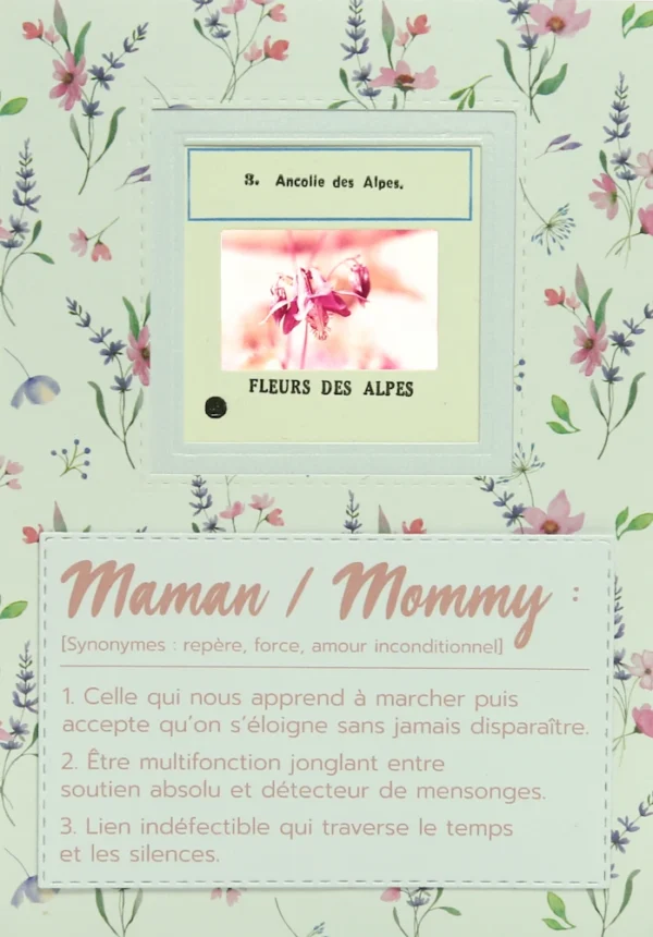 Carte faite main avec une diapo d'une fleur d'ancolie avec une définition du mot maman.