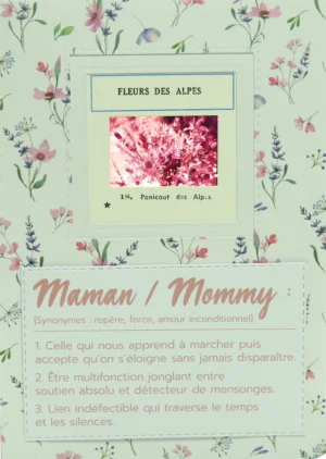 Carte originale avec une vieille diapo de fleurs des montagnes et une définition maman