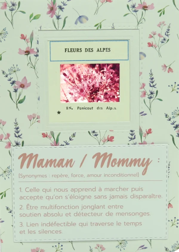 Carte originale avec une vieille diapo de fleurs des montagnes et une définition maman