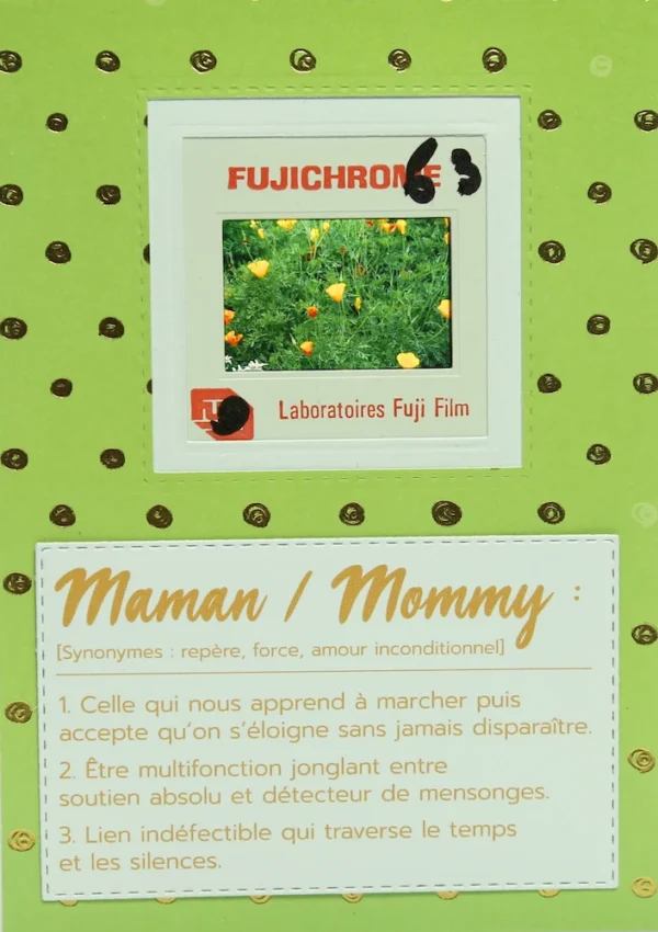 Carte faite main à partir d'une diapo : une prairie fleurie orange pour fêter les mamans.