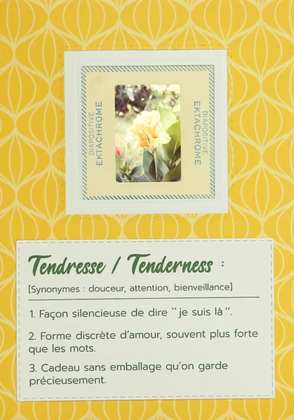 Carte faite main en France à partir d'une diapo d'époque, avec une fleur jaune pour témoigner de sa tendresse.