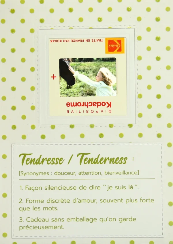 Carte originale avec une diapositive d'une petite fille qui caresse un cheval, dessous la définition du mot tendresse.